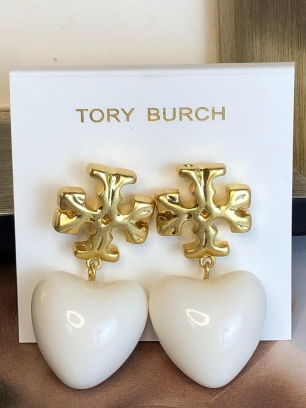 Tory Burch Gold Logo Earrings with White Heart Drops